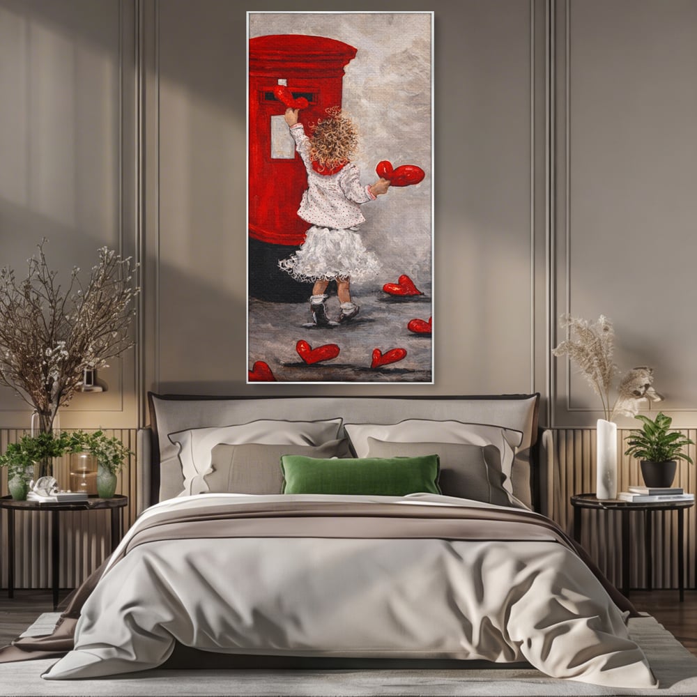Tablou canvas cu pictura cu fetita si cutie postala, in rama de aluminiu argintiu, pe perete intr-un dormitor
